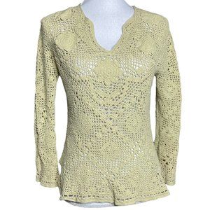 Crochet Scalloped Top S VTG Handmade Diamond Floral Medallion Lace Boho Open